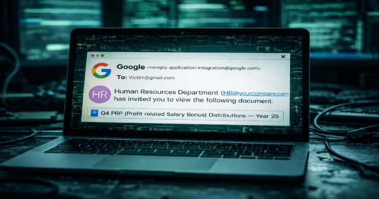 Phishing message appearing to come from Google, displayed on a laptop screen