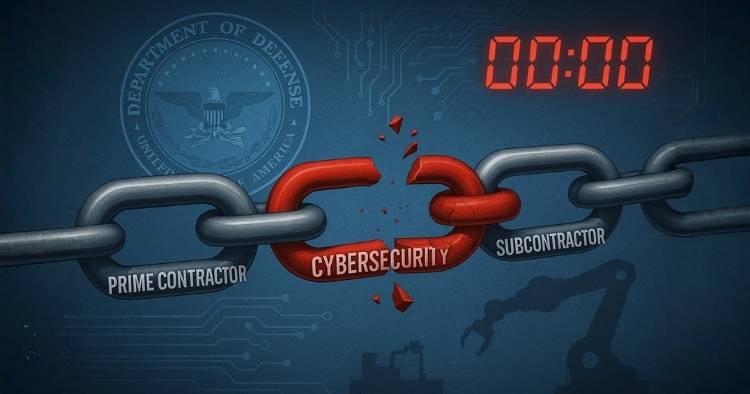 Breaking chain between prime contractor and subcontractor at cybersecurity link, DoD seal background, countdown clock at zero