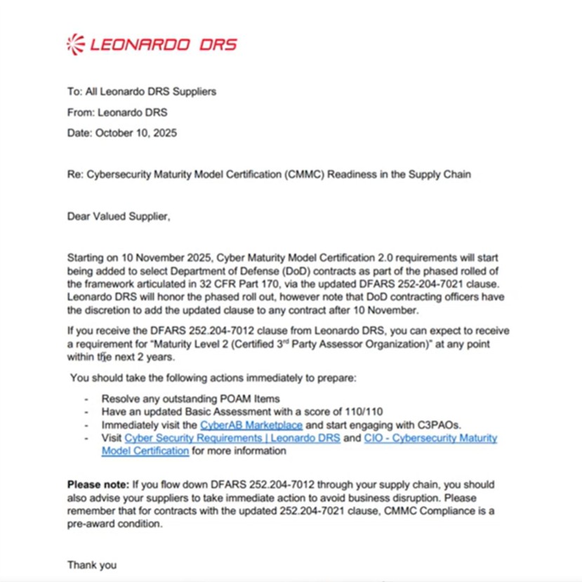 Letter from Leonardo DRS to Suppliers warning Suppliers of CMMC Requirements
