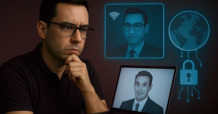 Man looking at two cartoonish images of himself