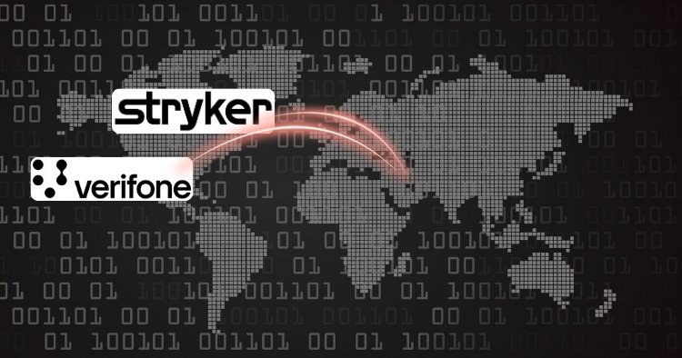 Map of the world with binary overlayed. Stryker and Verifone logos with red attack lines going from Iran to the logos.